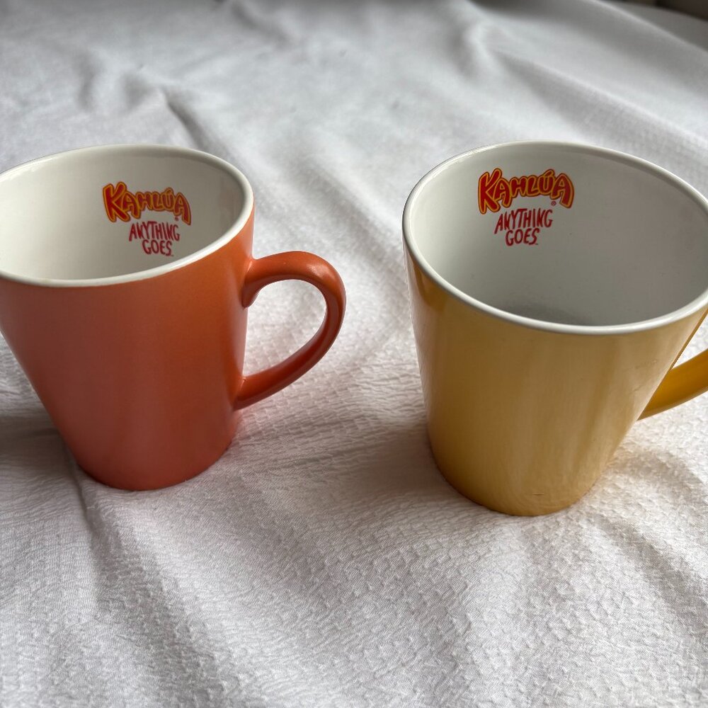 1999 Vintage Kahlua "Anything Goes" Coffee Mugs 2 Pack Orange and Yellow